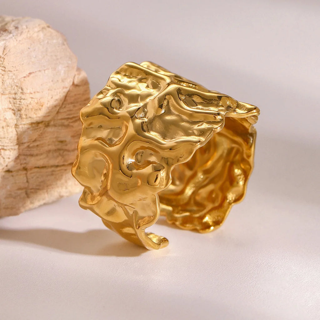 New Design Ring 18K PVD Gold Plated Stainless Steel Hammered Wide Open Rings for Women