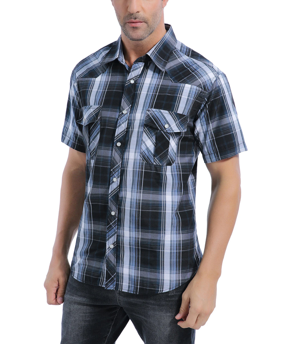 Men's Western Cowboy Long Sleeve Pearl Snap Casual Plaid Work Shirts