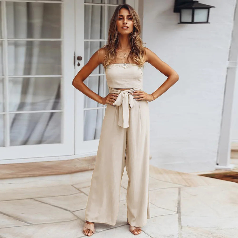 New Style Women's Summer Casual Breathable Loose Solid Color Sleeveless Jumpsuit Strapless Wide Leg Long Pants Party Set