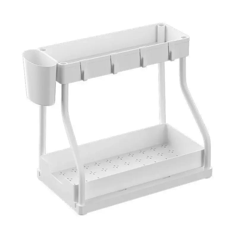 Hot Multi-functional 2 Tier Under Sink Kitchen Storage Organizer Countertop Rack Storage Containers Hooks Hanging Cup