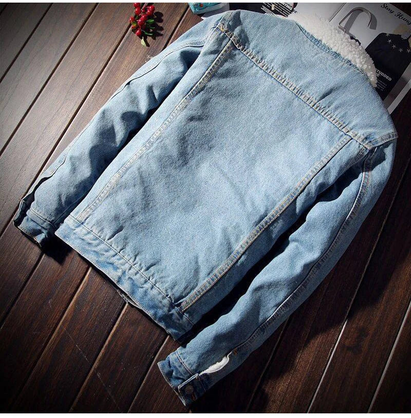 Men's Winter Warm Berber Fleece Denim Jacket Slim Fit Thicken Coat Outerwear Black Blue