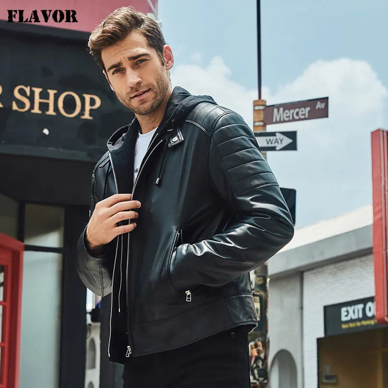 FLAVOR Men's Leather Motorcycle Jacket Black Sheepskin Real Leather Jacket With Removable Hood