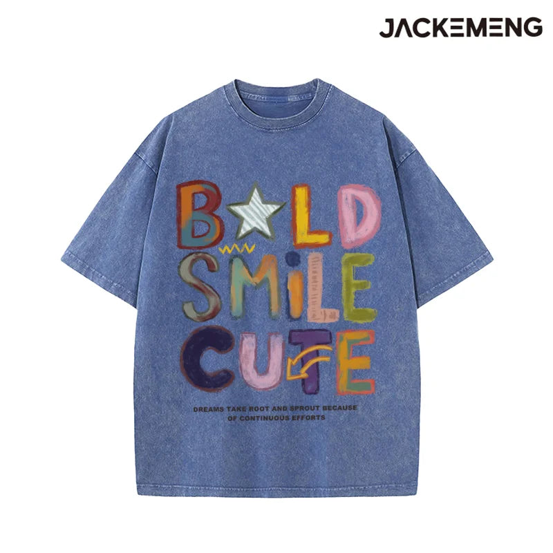 Oversized Washed Retro Colorful Streetwear Print Tshirt USA Stock Wholesale Y2K Casual Tee