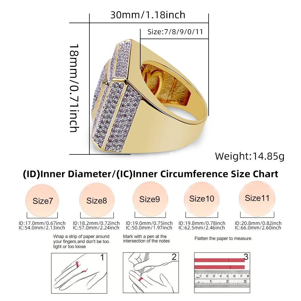 Popular Square Shape Ring Bling Iced Out Zircon Ring Hip Hop Men's Unisex Brass Gold Plated CZ Engagement Wedding Eternity Rings