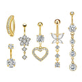 Set 6 Stainless Steel Gold-Plated Heart-Shaped Butterfly Navel Rings Cubic Zirconia 14G Bar Belly Button Piercing Rings Weddings