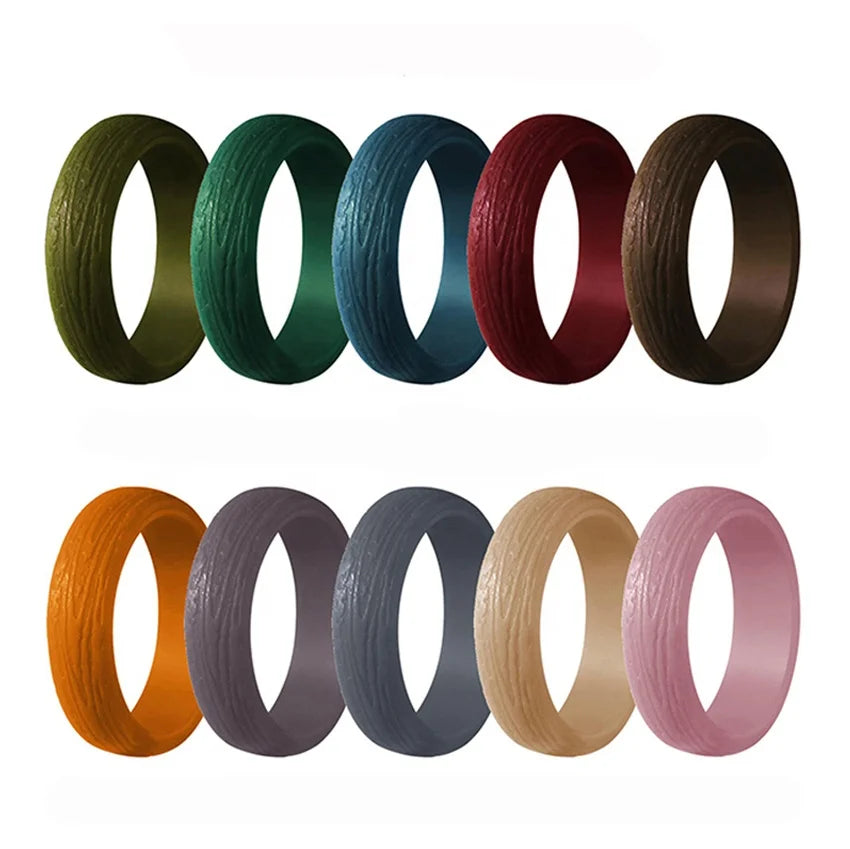 10 PCS PackNew Design Morandi Natural Tree Bark Pattern Rubber Engagement Bands Silicone Wedding Rings Jewelry Women