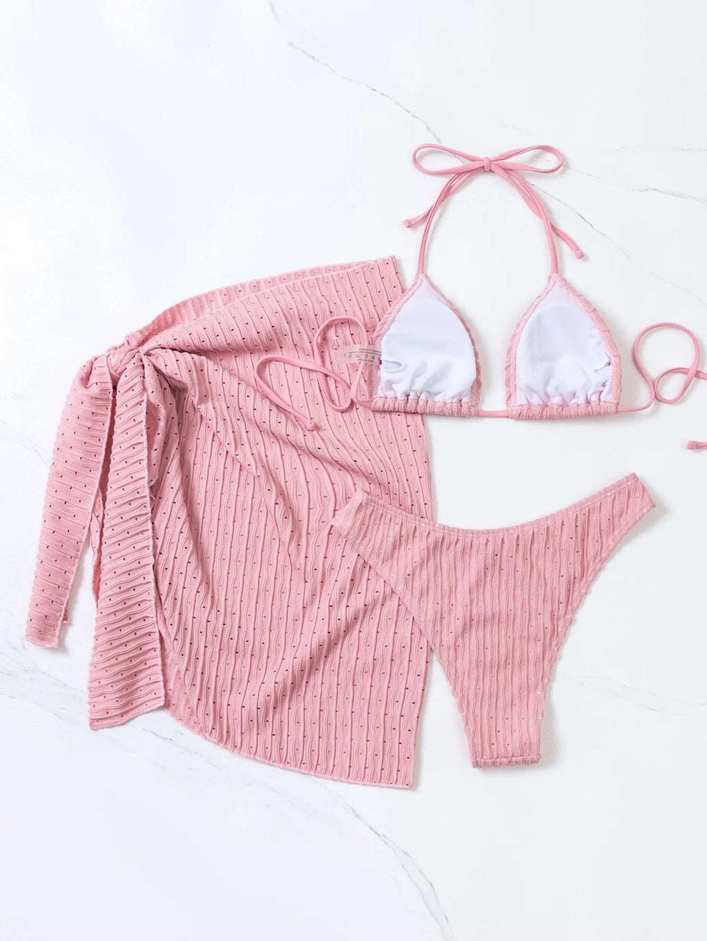 Bandage Halter Bikini Micro Ribbed Bikini 3 Pieces Set 2023 High Waist Swimsuit With Beach 3 Pieces Mesh Skirt