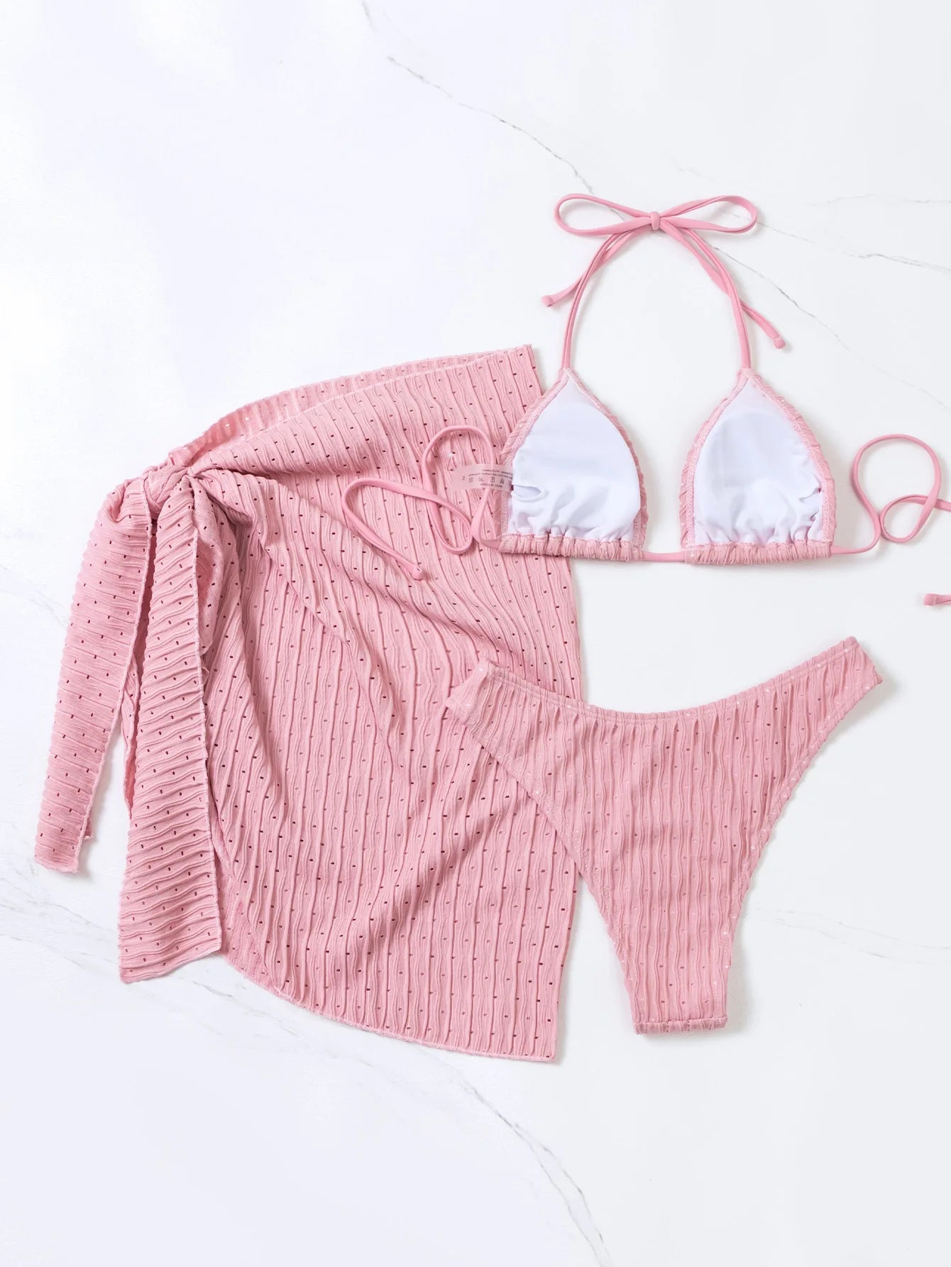 Bandage Halter Bikini Micro Ribbed Bikini 3 Pieces Set 2023 High Waist Swimsuit With Beach 3 Pieces Mesh Skirt