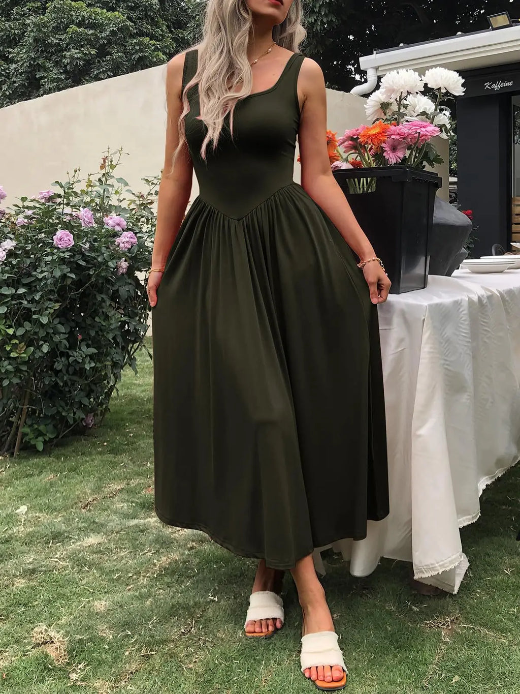 2025 Summer Women Tie Dye Midi Dress Square Neck Sleeveless Pleated Casual Beach Party Outfit
