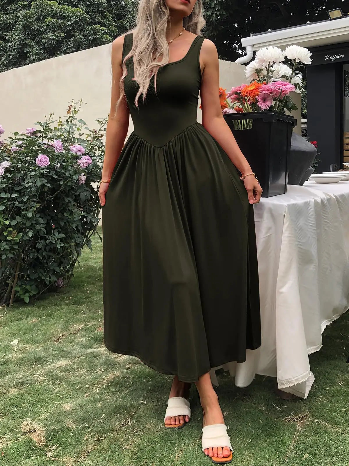 2025 Summer Women Tie Dye Midi Dress Square Neck Sleeveless Pleated Casual Beach Party Outfit