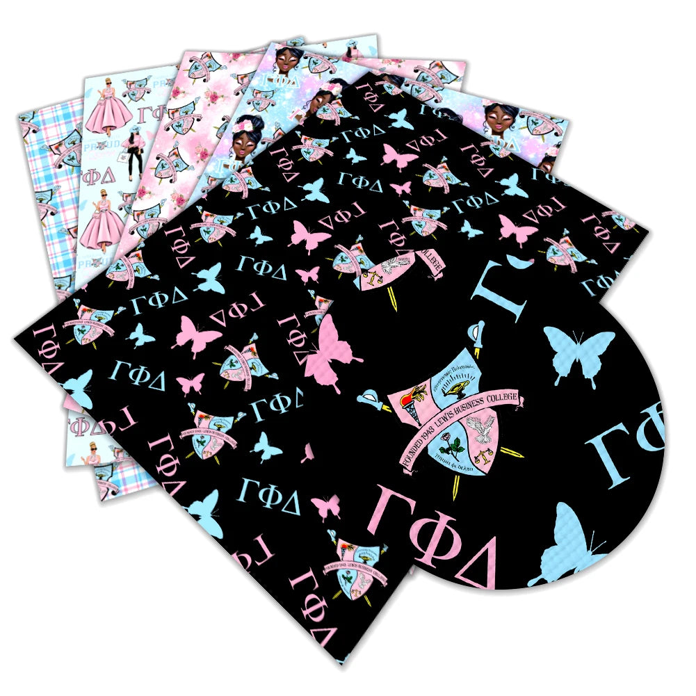 Sorority Gamma Phi Delta Pattern Faux Leather for Upholstery Mini Bag Phone case Decoration  Bow Making Synthetic Leather
