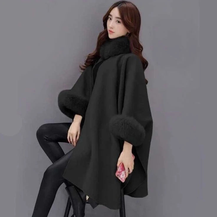 Custom Warm Autumn and Winter Large Fur Collar Mid Length Woolen Coat Cloak Shawl Loose Ladies Women Faux Fur Wool Shawl