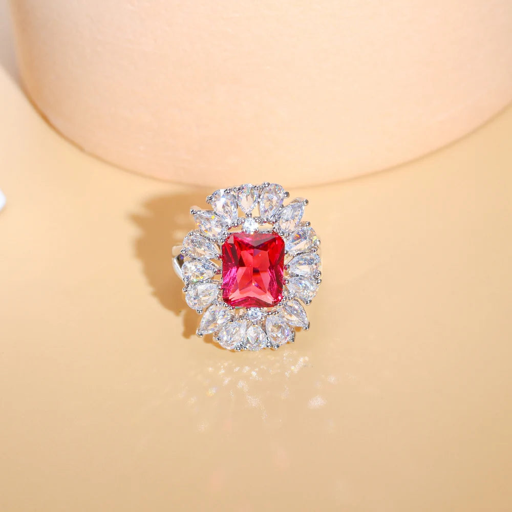 Exquisite Bling Red Cubic Zirconia Luxury Engagement Party Jewelry Big Sun Flower Finger Open Cuff Rings for Women