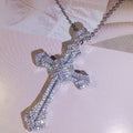 925 Silver Classic Cross Pendant Silver Color Statement Necklace With Zircon Stone Long Chain Necklace for Women Man Religious