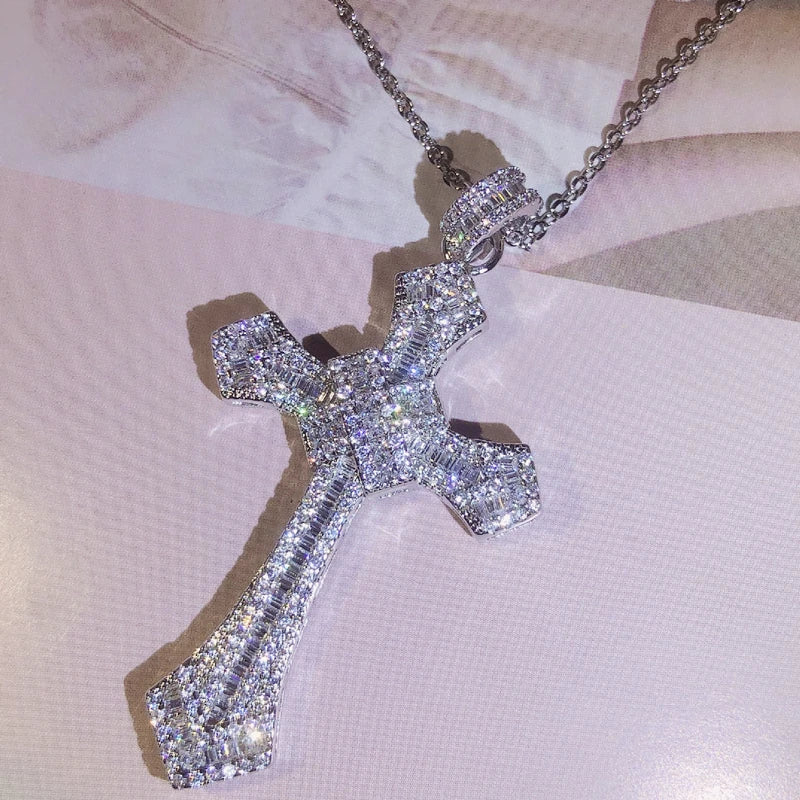 925 Silver Classic Cross Pendant Silver Color Statement Necklace With Zircon Stone Long Chain Necklace for Women Man Religious