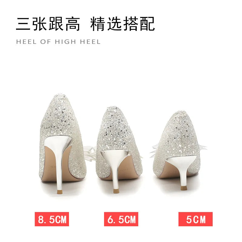 6681-15 Solid Bridal Pumps Pointed Toe Stiletto Heel Glitter Rhinestone Wedding Shoes Women's Elegant Party Shoes