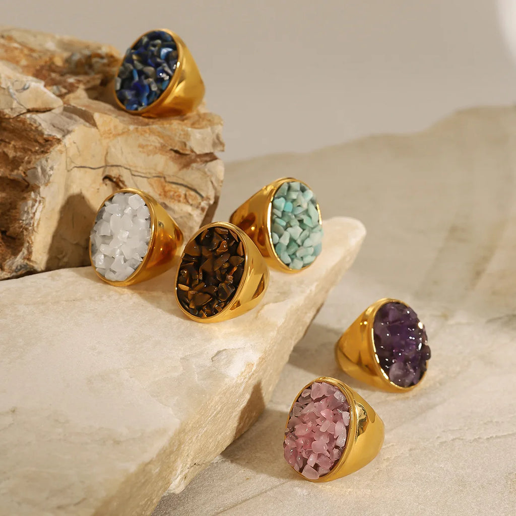 Stainless Steel Shine Inlaid Natural Crystal Geometric Rings Stainless Steel Skin-Friendly 18K Gold-plated Waterproof Jewelry