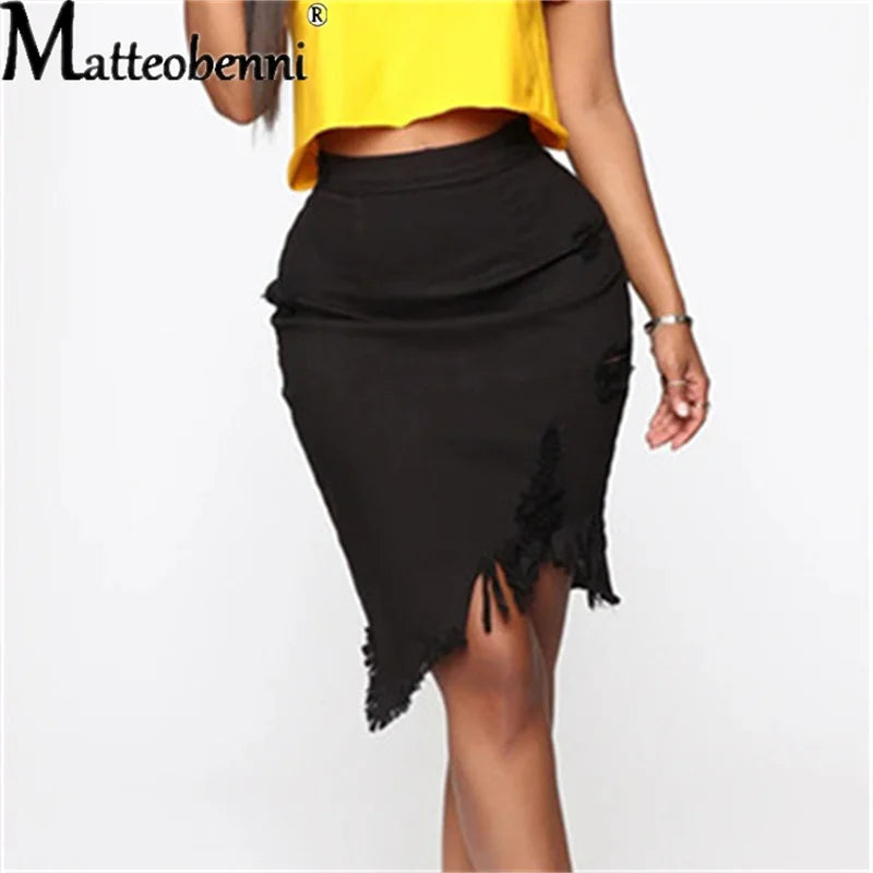 New Summer Sexy Ripped Denim Skirt Women Fashion Hollow Out Casual Hole Tassel Mini Skirt Irregular Basic Pocket Jeans Skirt