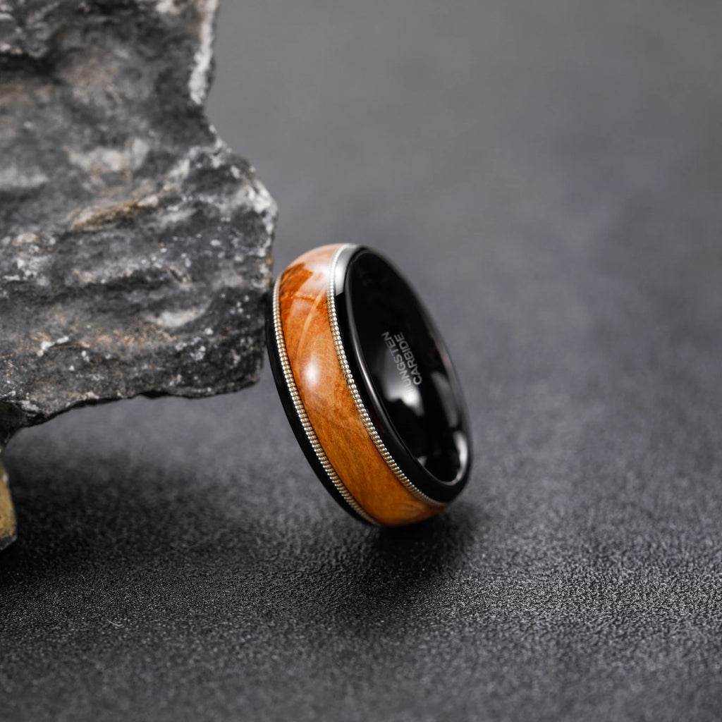 OAHLAN Fashion Male Jewelry 8mm Dual Silver Guitar String and Barrel Wood Tungsten Carbide Rings for Men Wedding Engagement