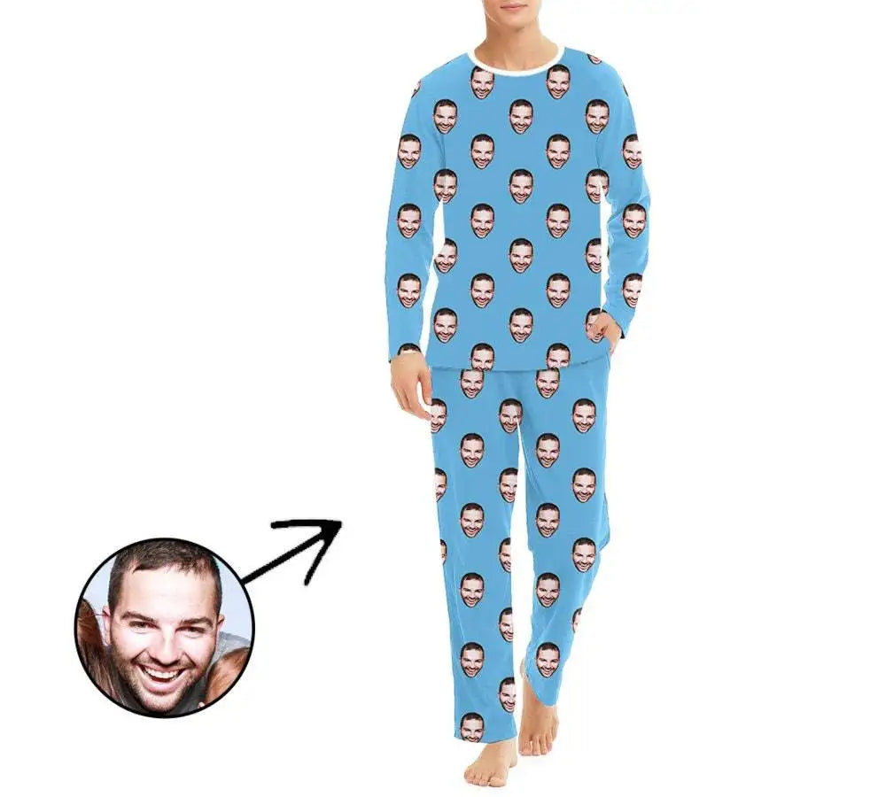 Custom Long Pants Pajamas Set With Photo Men Personalized Lounge Set Funny Face Printed Sleepwear Soft Gift