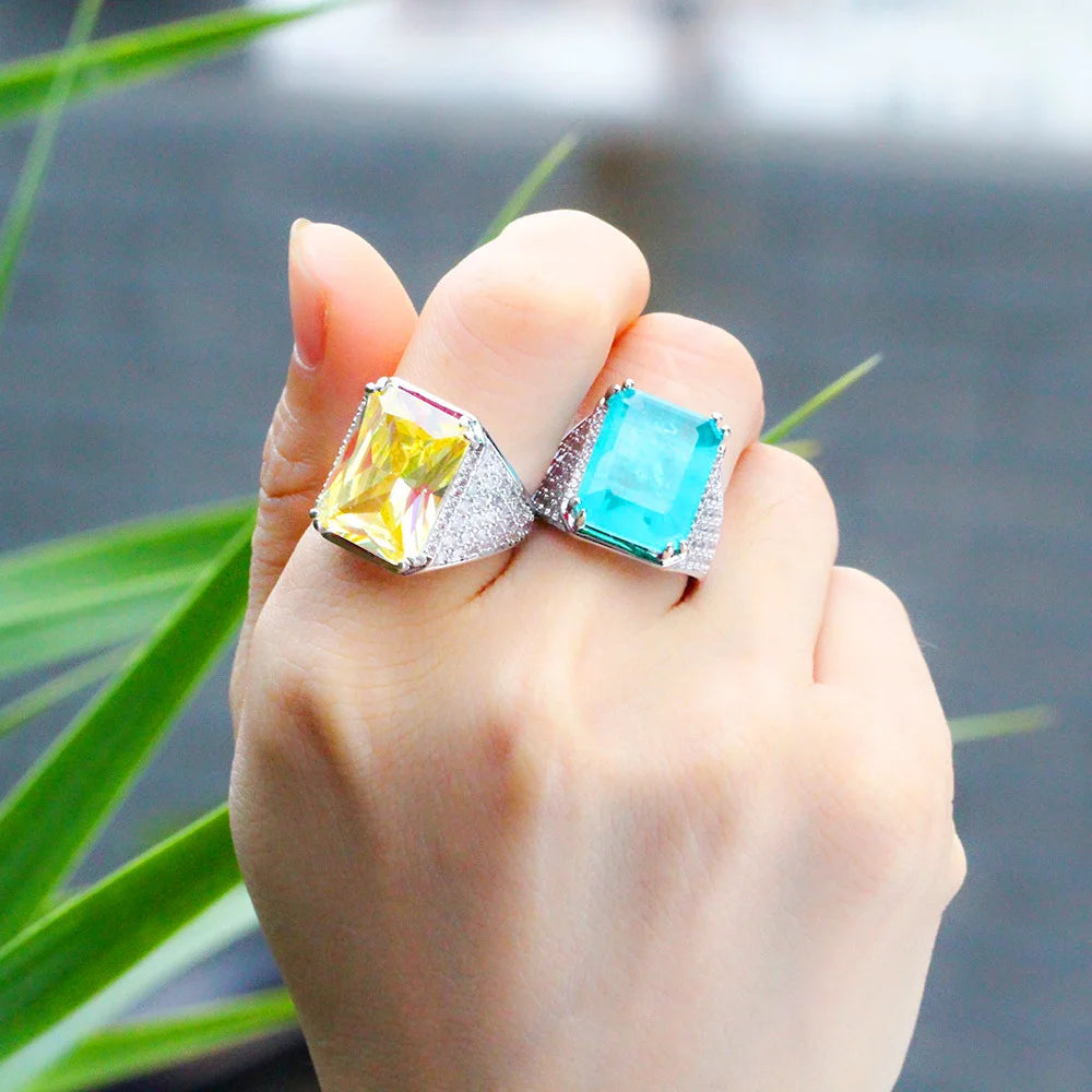 Classic Princess Cut Big Rectangle Chunky Blue Yellow Cubic Zircon Stone Women Wedding Engagement Rings Adjustable Size Jewelry