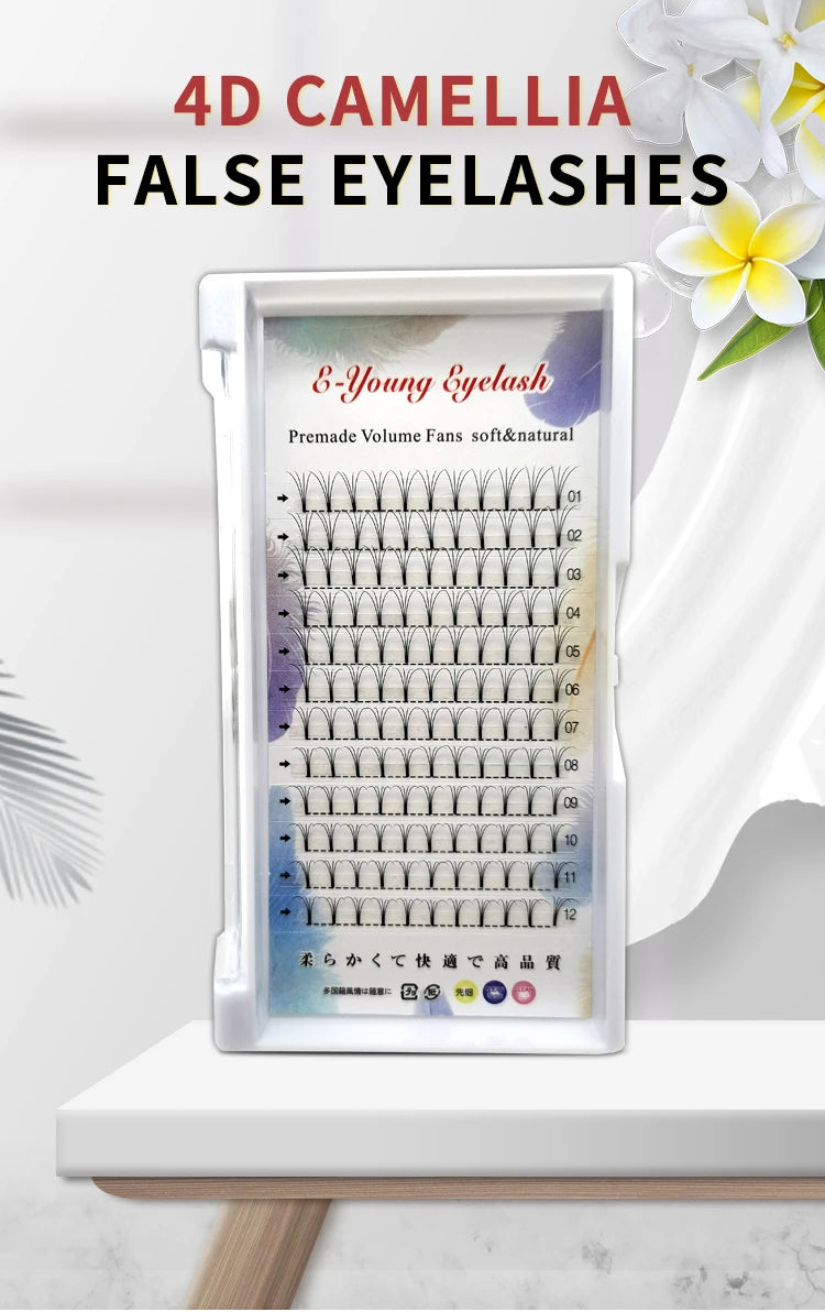 E-young 2d Premade Lashes Volume Fans Short Stem C/D Curl 0.1mm Natural False Eyelashes Extensions Premade Fans Wholesale Makeup
