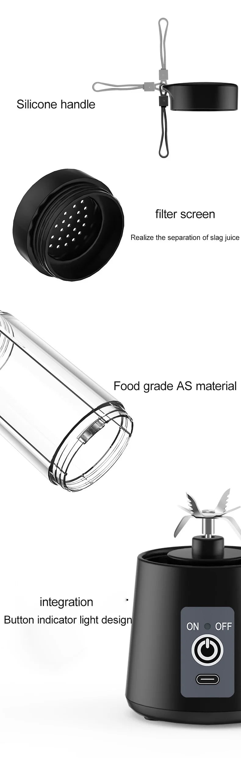 150W 380ml Electric USB Rechargeable Home Blender 6-Blade Portable Juicer with Cup Multifunctional 6S Plastic Mixer OEM