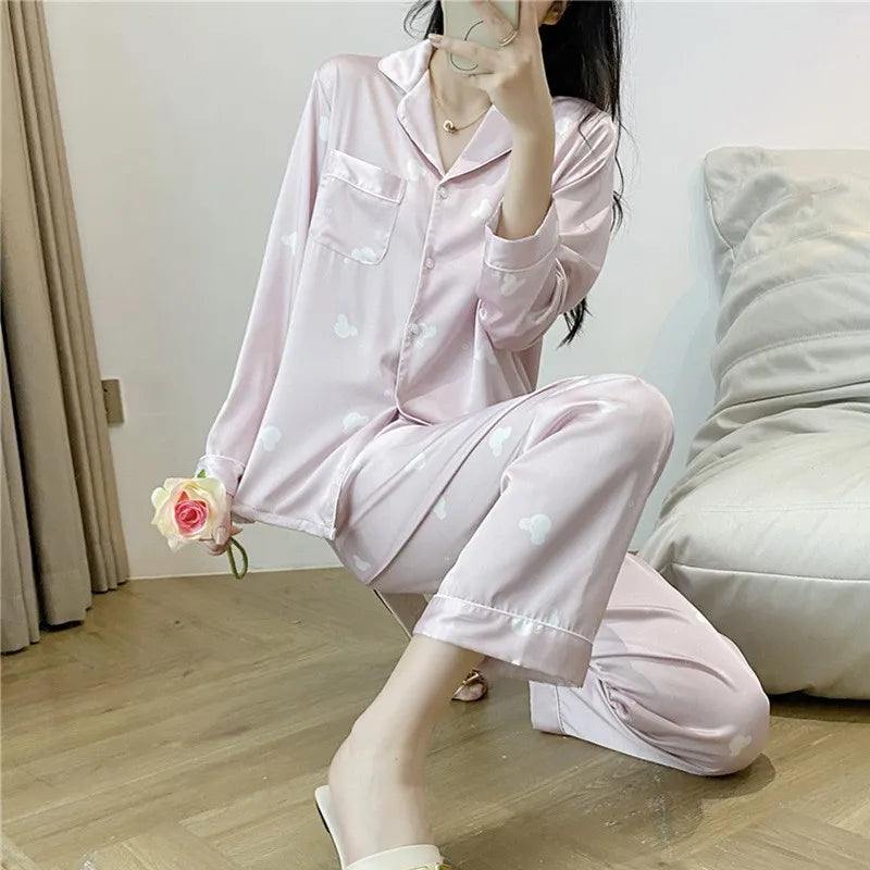 Best Selling Design Women's Silk Pajamas Long Sleeve Two-piece Set Cartoon Print Sleepwear Girls Cheap Nightwear Wholesale