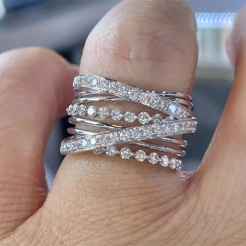 Q345 Women's Diamond Eternity Band Rings Geometric Pave Setting Round Natural Stone Wedding Fashion Rings