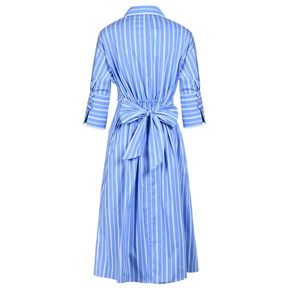 Bettergirl French Temperament Bow Lace-up Striped Skirt Autumn New Pleated Waist With Trousers Over the Knee Dress
