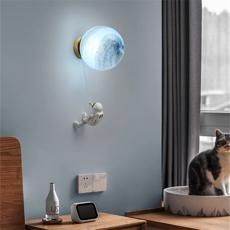 Lunar Wall Lamp Nordic Creative Astronaut Children's Room Lamp Bedroom Bedside Lamp Cartoon Boy Girl Background Wall Lamp