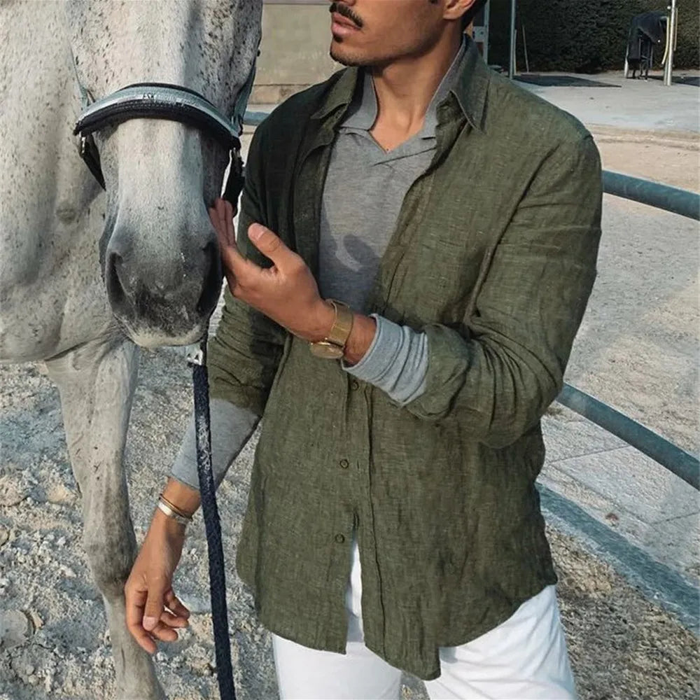 2026 Men Casual Cotton Linen ShirtsStanding Collar Male Solid Color Long Sleeves Loose Tops Spring Autumn Handsome Men's Shirts