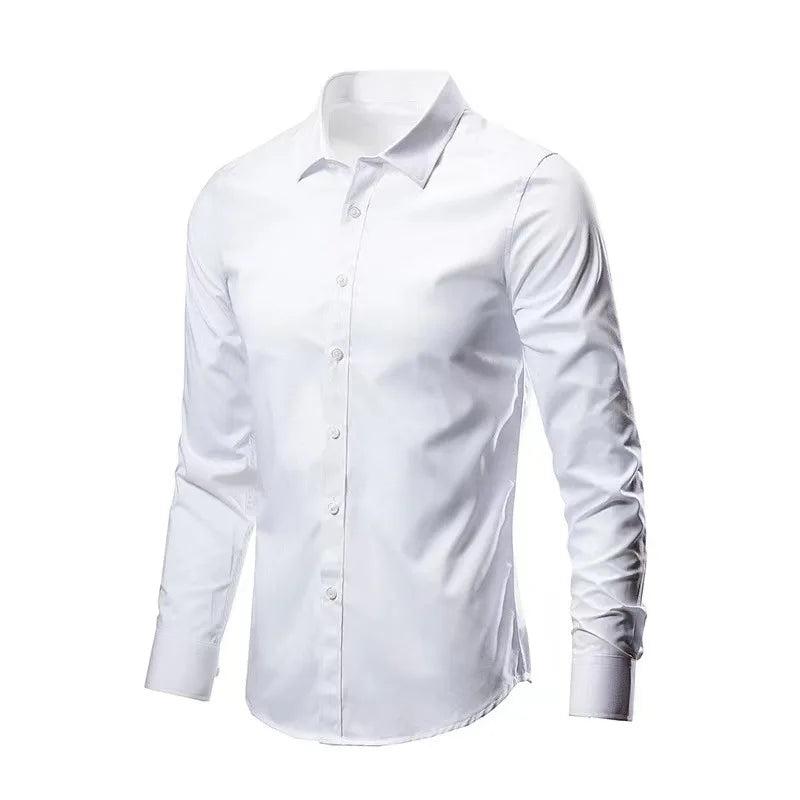 Men 2024 Spring Summer Suit Solid Color Lapel White Shirts Long Sleeve Button Down Business Formal Professional Slim Black Shirt