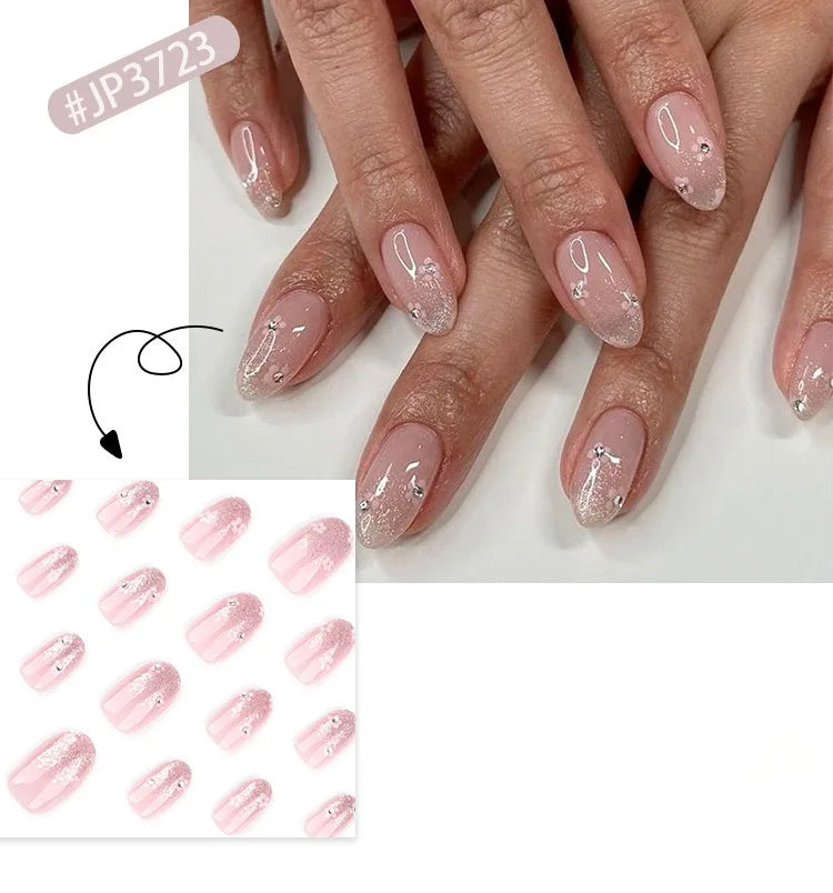 24 Pcs/set Soft Acrylic 3723 Glitter Gradient with Floral Design on Short Round Nails Press on Nails Artificial Fingernails