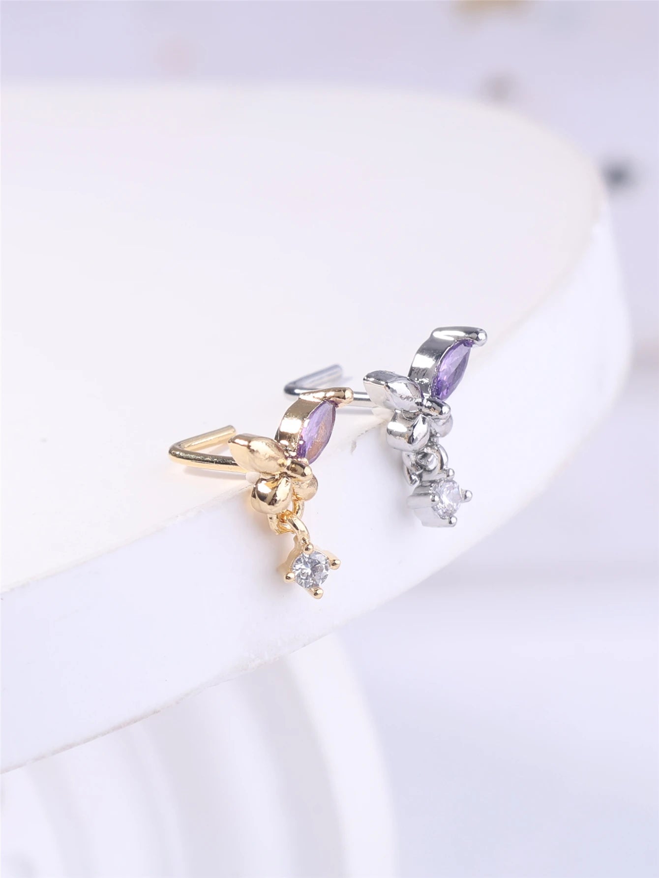 L Shaped Dangling Nose Studs Rings Butterfly Design for Women Girl Gold CZ Dangle Nose Pin 20G Nose Piercing Jewelry Wholesale