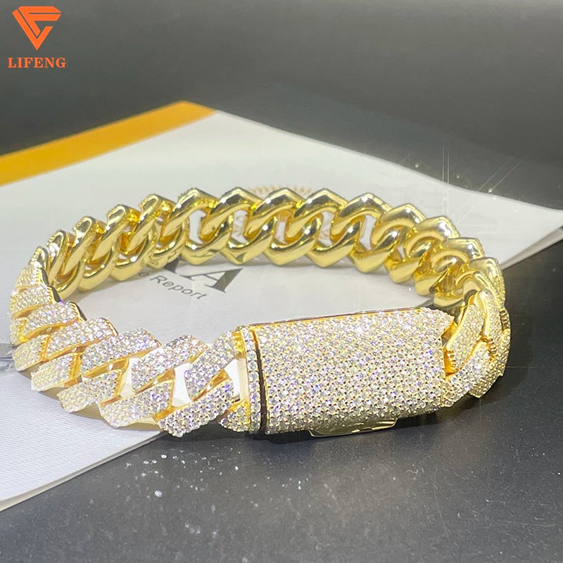 8mm 10mm 12mm 14mm Moissanite Cuban Link Chain 2-Row 925 Solid Sterling Silver  Hip Hop Bracelet VVS Moissanite Diamond for Gift