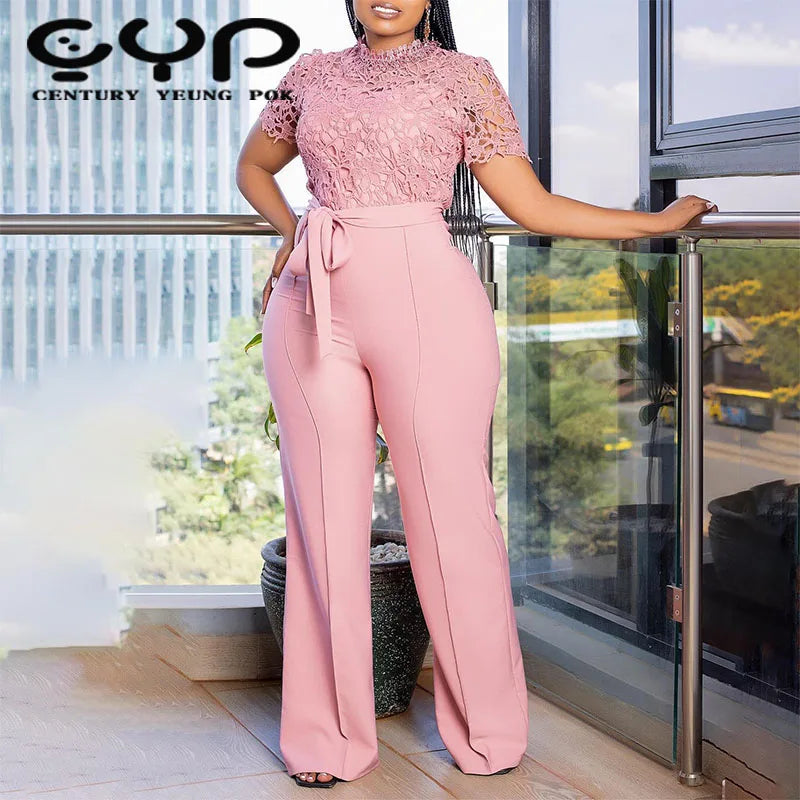 Women's Casual Satin Jumpsuit with Sexy Lace Cutout Short Sleeve High Waist Halter Collar Button Decoration
