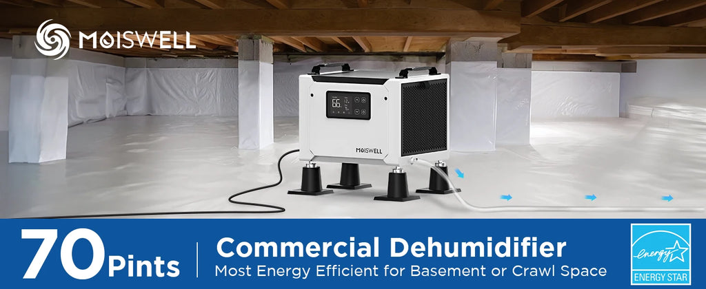 Moiswell 70 Pints Commercial Dehumidifier with Drain Hose | Compact Crawl Space Dehumidifier for Basement Home Auto Defrost