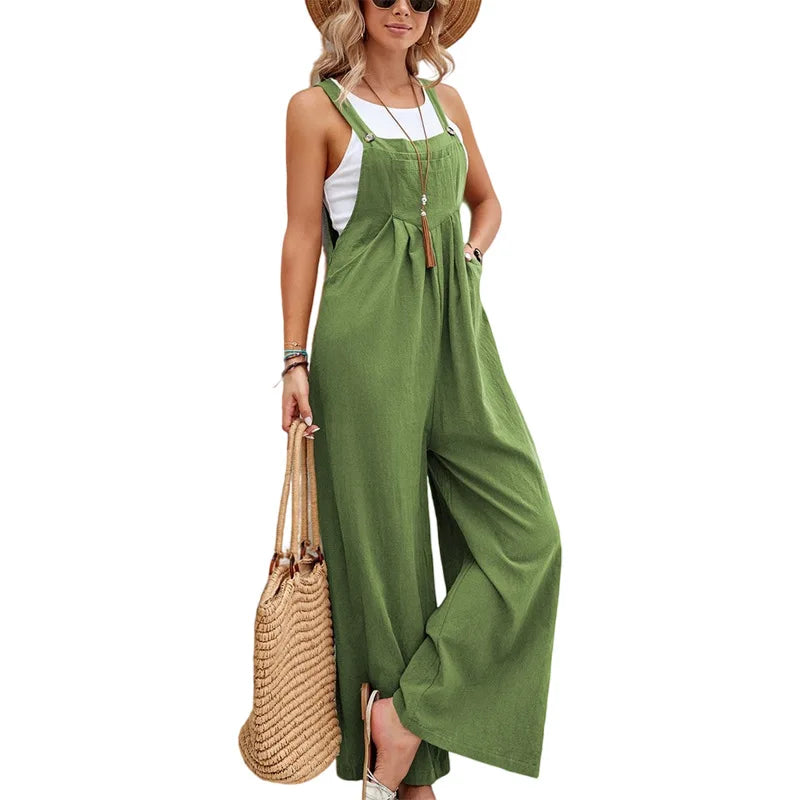 Women Spring Summer Solid Color Suspenders Overalls Casual Strappy Trousers Women's Loose Wide Leg Flared Leg Pants Jumpsuit