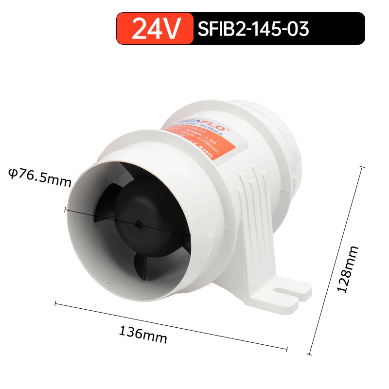 12V/24V 40A  ABS Quiet Air Blower Water Resistant High Air Flow In-Line Blower Marine Bilge Boat Blower Motor Plastic
