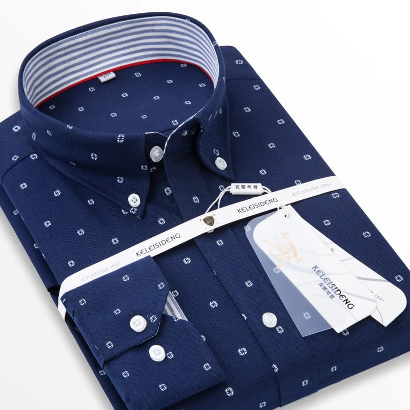 Men's Long Sleeve Thick Cotton Oxford Shirts with Front Pocket High Quality Smart Casual Stripe Plaid Button Down Dress Shirt