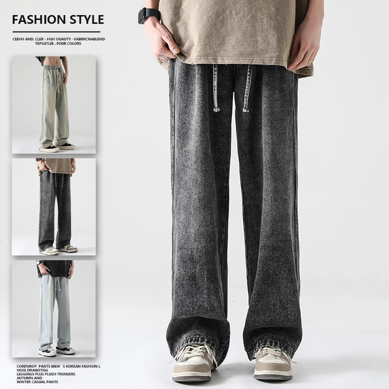 ANSZKTN Men Summer Cotton Lose Jeans Stretchy Casual Mid Waist Plus Size Elastic Band Men's Denim Wide Leg Jeans Pants