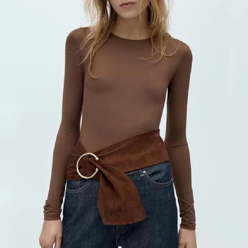 KAR&OT ZA 2024 Autumn New Women's Fashion Simple Versatile Elastic Slim Fit Long-sleeved Round Neck Jumpsuit 1026725