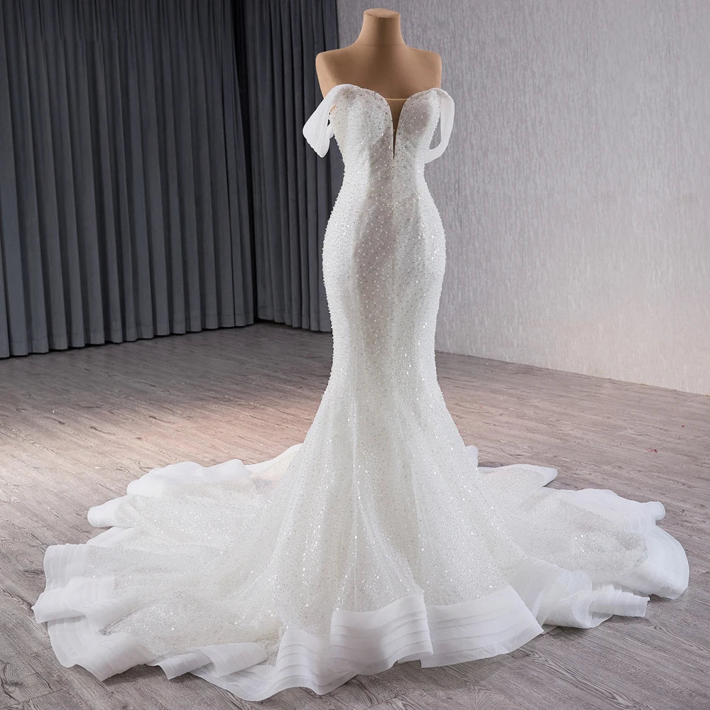 Jancember 241115 Beach Sweetheart Pearls Slim Mermaid Wedding Dress With Detachable Sleeve