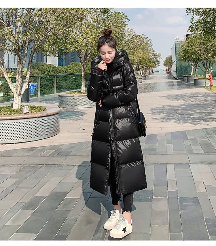 2026 New Thicken Snow Parkas Fashion Windproof Glossy Down Cotton Hooded Women Jacket Winter Loose Long Coat 4XL Ladies Outwear