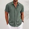 Men's Lapel Cotton Hemp Cardigan Short Sleeve High Quality Solid Color Shirt Summer Home Short Sleeve Sehe Fashion