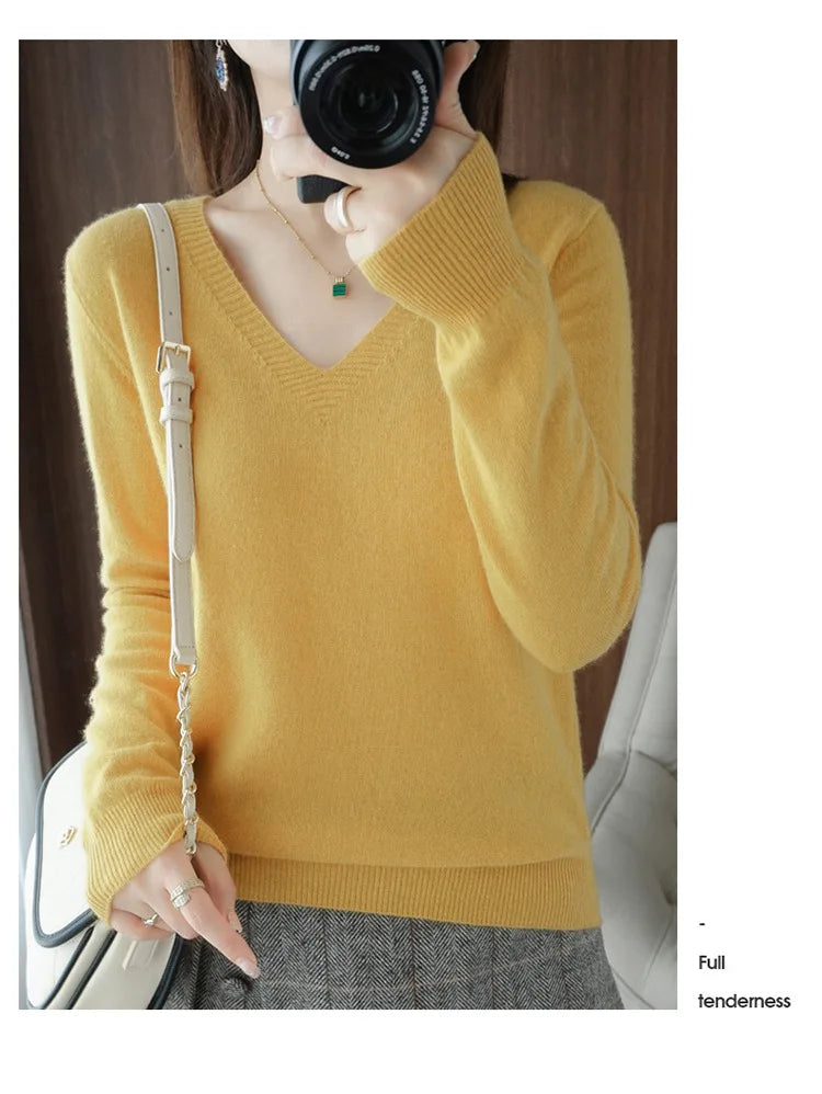 Women's Sweater 2025 Autumn Winter Knitted Pullovers V-neck Slim Fit Bottoming Shirt Solid Soft Knitwear Jumpers Basic Sweaters