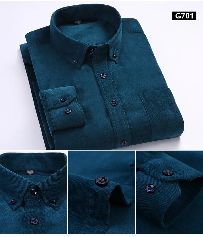 6XL Autumn/winter Warm Quality 100%cotton Corduroy long sleeved button collar smart casual shirts for men comfortable