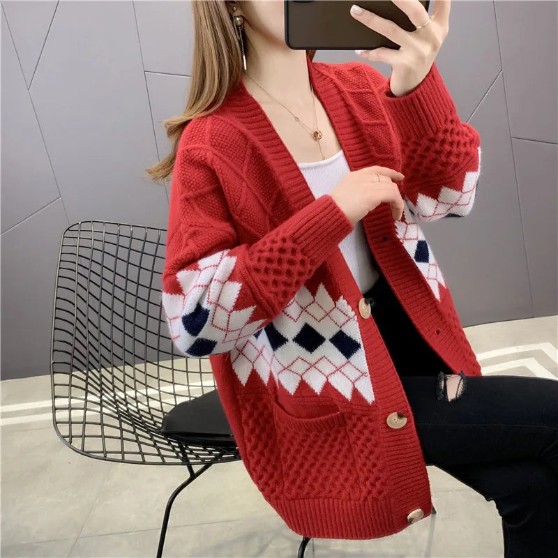 Women's Korean Style V-Neck Cable Knit Oversized Loose Sweater Coat Custom Fit with Front Logo Long Sleeve