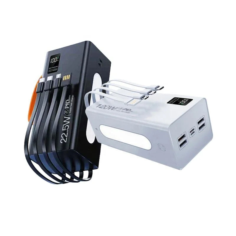 New Wholesale High Capacity 30000mAh Power Bank with 4 Cables Fast Charging 20W Rechargeable Emergency Lamp Outdoor Use